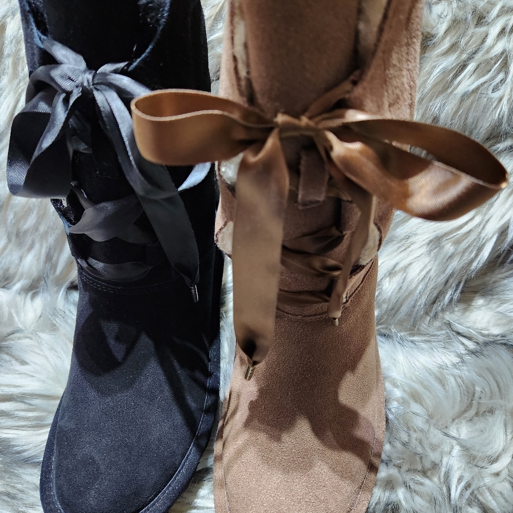 BEARPAW Tall Suede Taylor Ribbon Boot in colors Black (7) and Cocoa (8m & 9m)